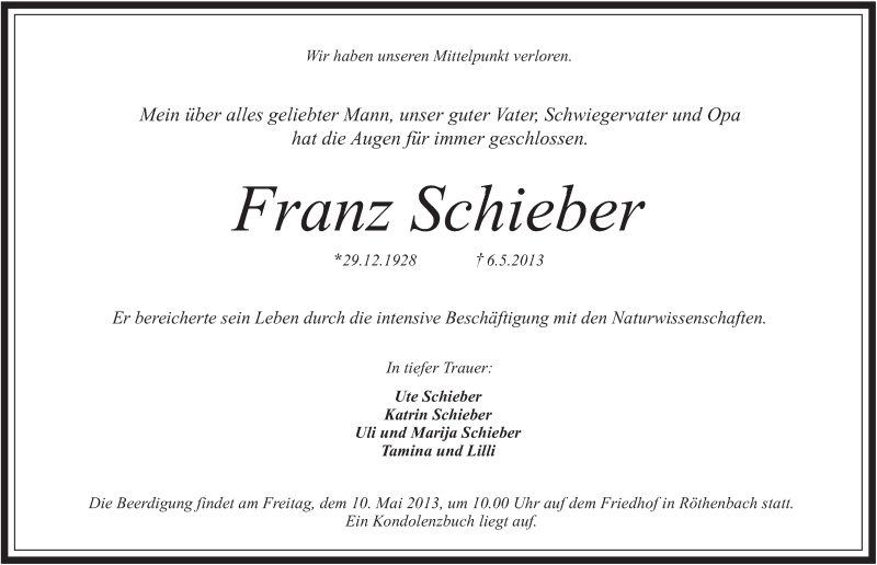  Traueranzeige für Franz Schieber vom 08.05.2013 aus Pegnitz-Zeitung
